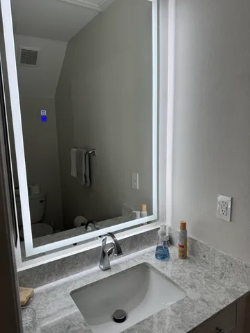 a bathroom with a sink and a mirror