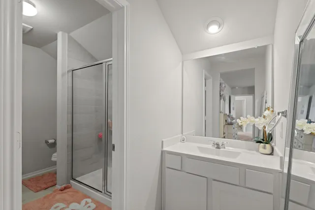 a bathroom with a shower sink and mirror