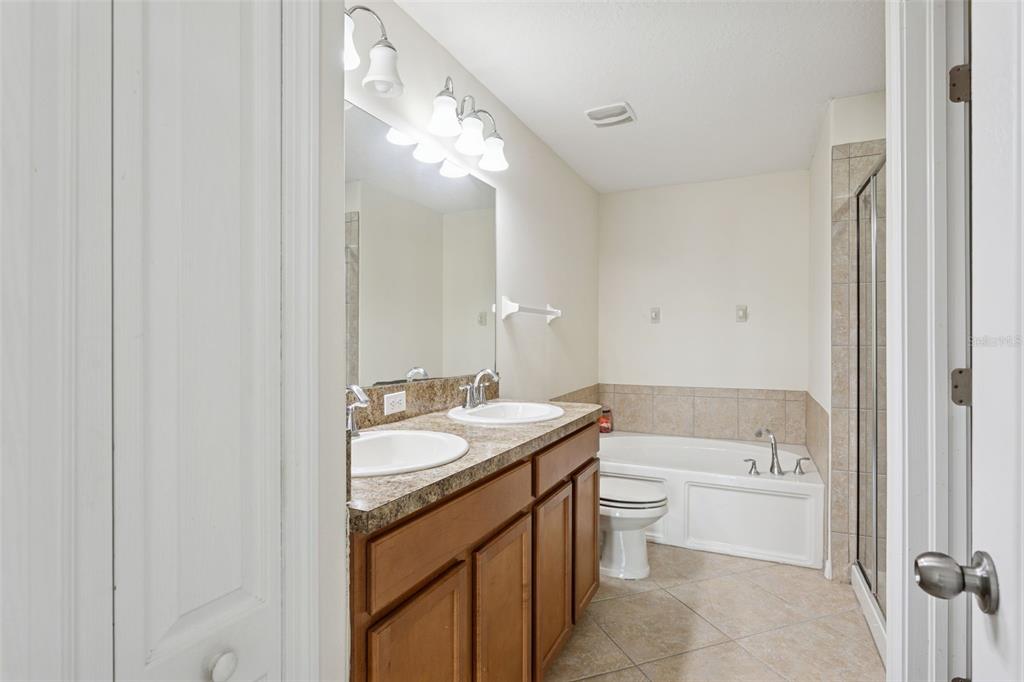 9568 Trumpet Vine Loop Trinity, FL 34655 - Photo 18 of 25 a bathroom with a granite countertop sink a toilet a large mirror and bathtub