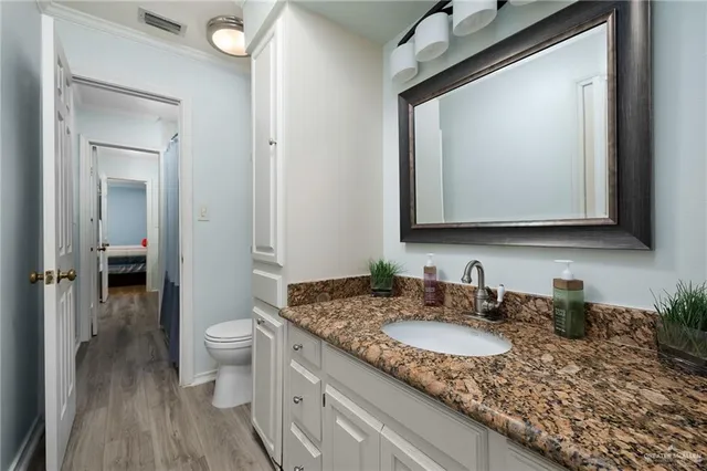 a bathroom with a granite countertop sink a toilet and a mirror