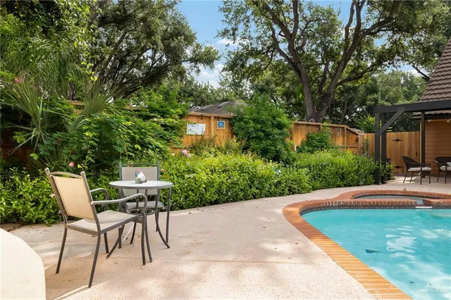 a view of a backyard with sitting area