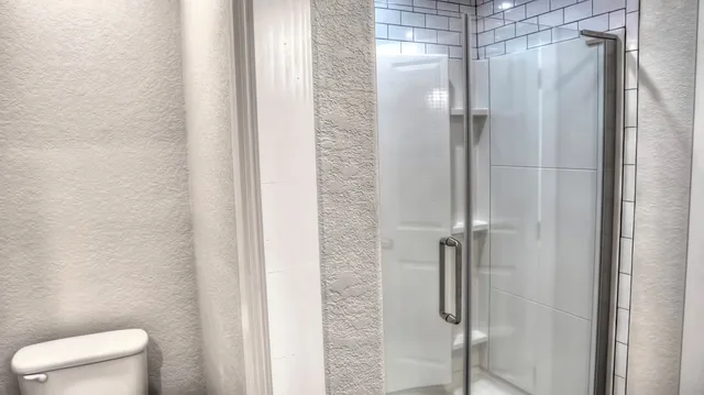 a bathroom with a shower and toilet