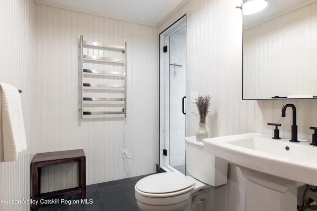 a bathroom with a shower and a toilet