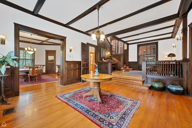 a living room with furniture and a table