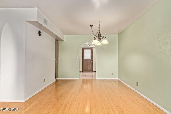 a view of a chandelier in a room