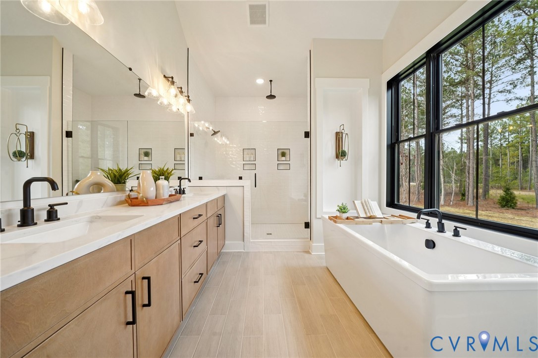 1165 Cardinal Crest Terrace Midlothian, VA 23113 - Photo 22 of 50 a spacious bathroom with sinks a large mirror and a bathtub next to a window