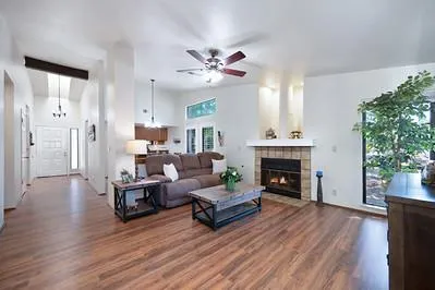 a living room with furniture and a fireplace