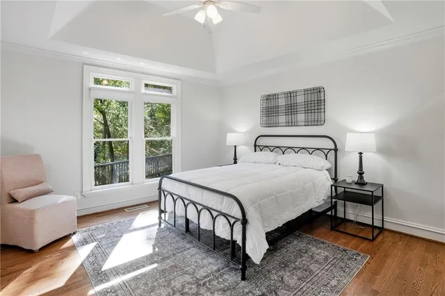 a view of a room with a large window