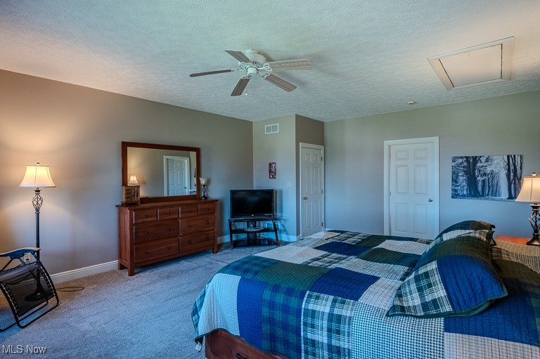 434 Rector Road Parkersburg, WV 26104 - Photo 26 of 50 Bedroom featuring visible vents, ceiling fan, attic access, carpet floors, and a textured ceiling