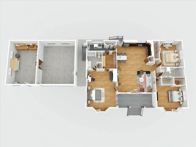 an aerial view of a house with pool