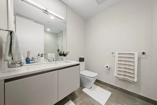 a bathroom with a sink toilet a mirror and vanity