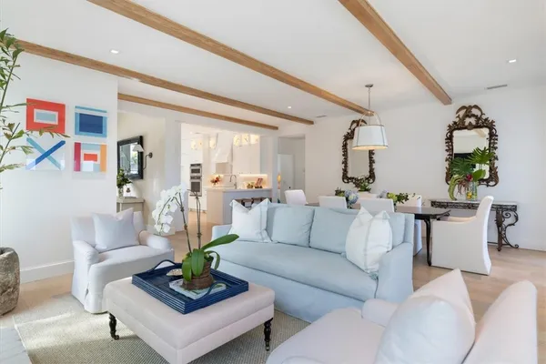 a living room with furniture a fireplace and a potted plant