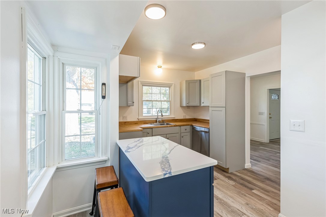 Kitchen with dishwasher, sink, a kitchen bar, light wood-type flooring, and gray cabinets
