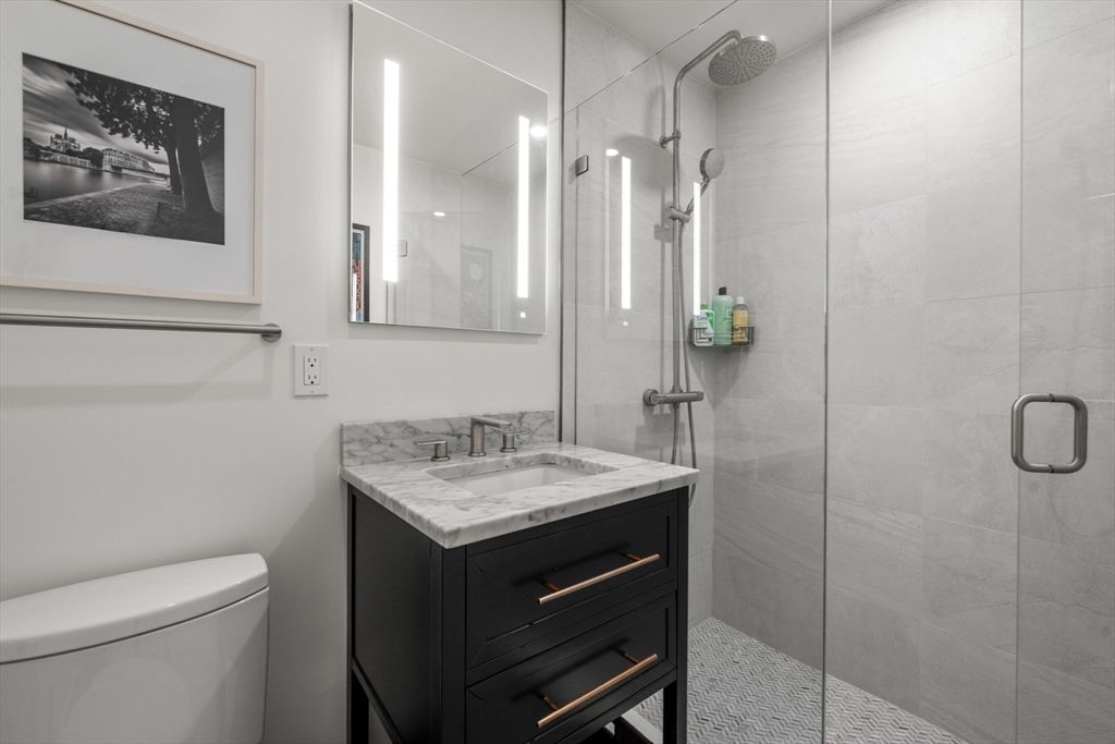 32 Lime Street Boston, MA 02108 - Photo 19 of 30 a bathroom with a sink a toilet a shower and a mirror