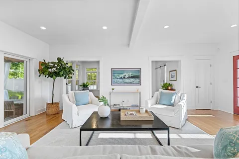 a living room with furniture a table and a potted plant