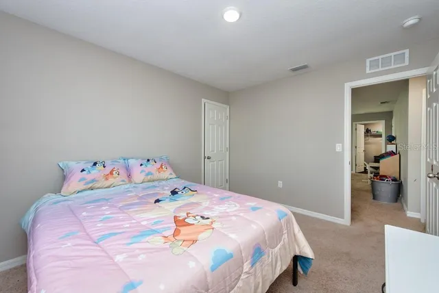 a bedroom with a bed and walk in closet