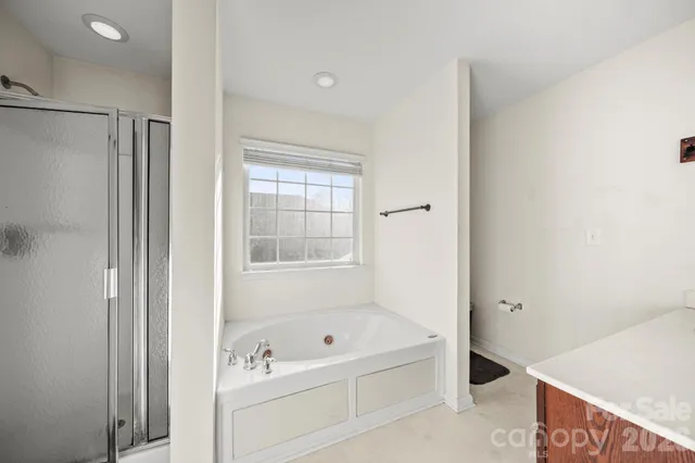 a bathroom with a tub a sink and a window