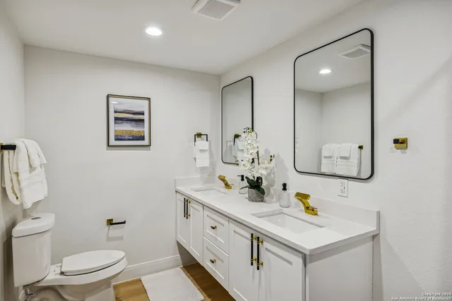 a bathroom with a sink a toilet and mirror