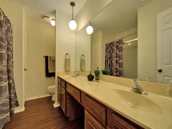 a bathroom with a double vanity sink mirror and toilet