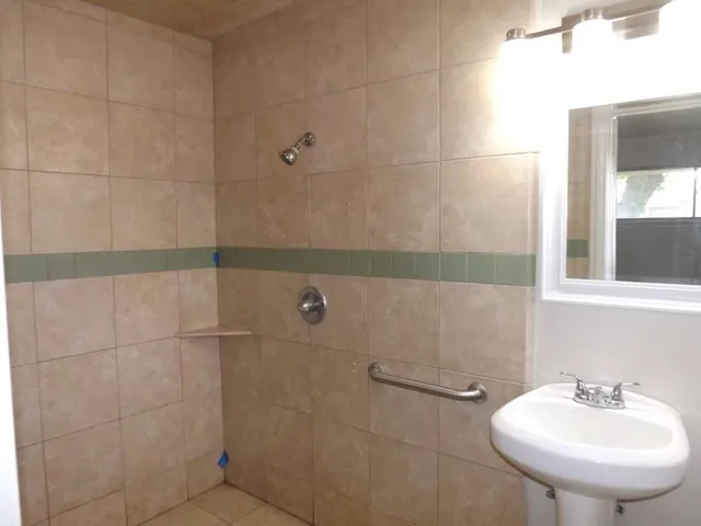 a bathroom with a sink and a mirror