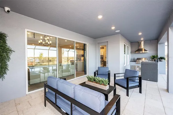 a living room with furniture and a table