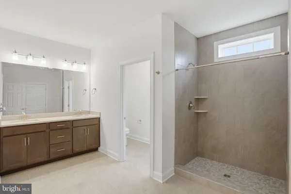 a bathroom with a double vanity sink a toilet and a shower