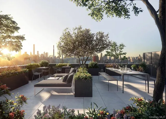 a view of a terrace with couches and a potted plant on a table