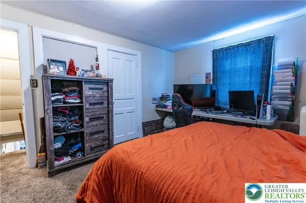 a bed room with a bed and a television