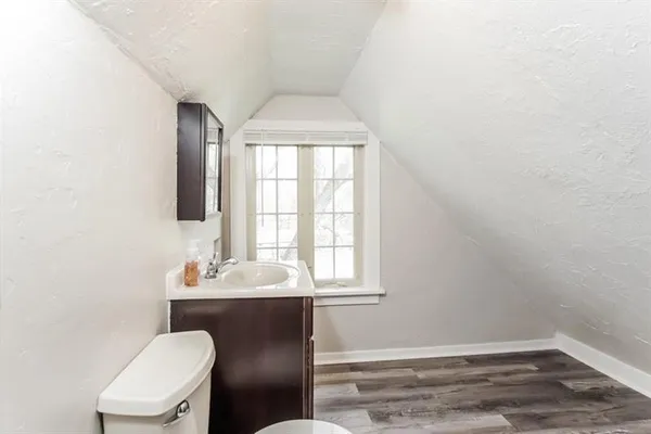 a bathroom with a sink vanity and toilet