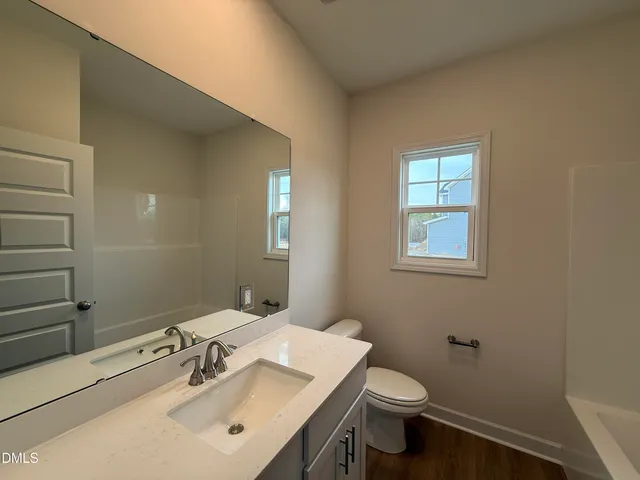 a bathroom with a sink mirror and toilet