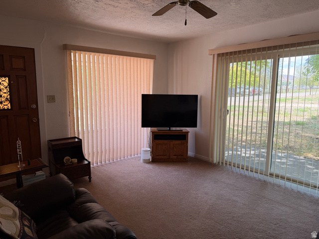 1043 East 4000th Street South Vernal, UT 84078 - Photo 15 of 31 Carpeted living space with a ceiling fan, a decorative wood-panel entry door, and a large sliding glass door