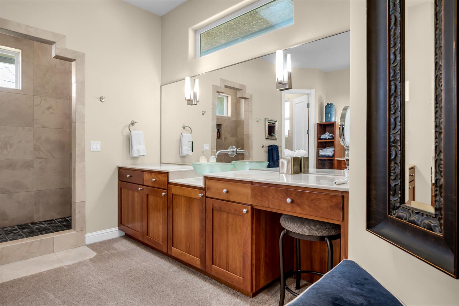 2847 Sierra Vista Road Rescue, CA 95672 - Photo 63 of 69 a spacious bathroom with a granite countertop double vanity sink and a mirror
