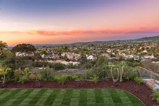 an aerial view of residential houses with outdoor space and trees