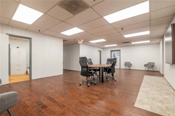 a view of a dining room with furniture