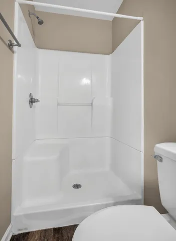 a bathroom with a shower and toilet
