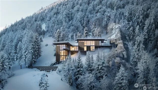a backyard of a house with large trees and covered with wooden fence