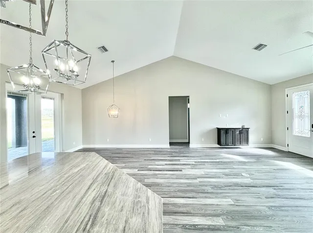 a view of a livingroom with a chandelier