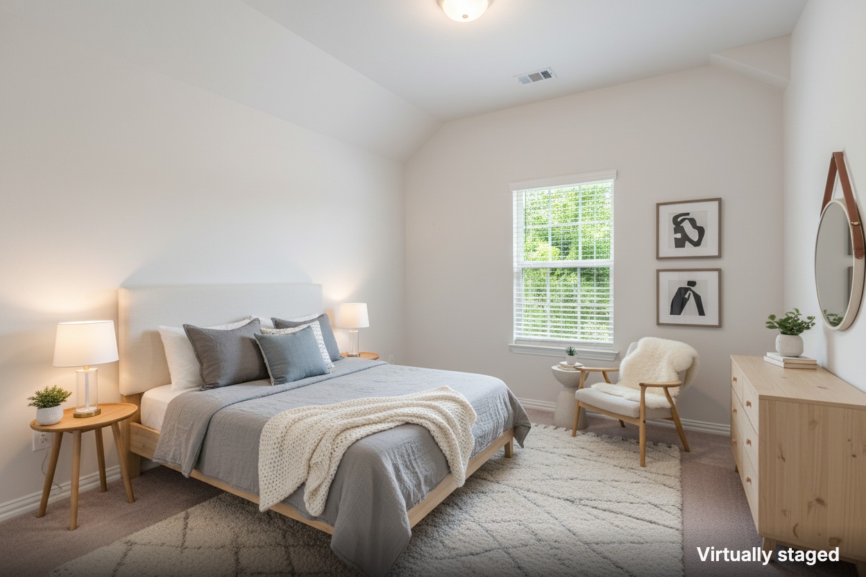 1117 Terrace View Georgetown, TX 78628 - Photo 10 of 25 A tranquil sleeping space featuring a vaulted ceiling and a sun-filled window with blinds.