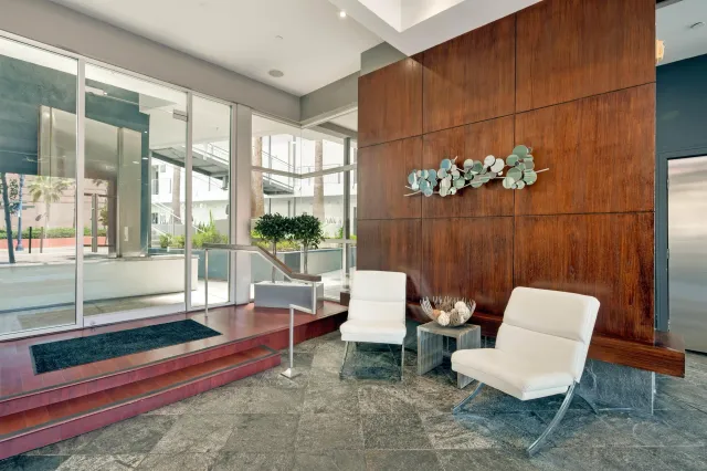 a view of a building with a garden