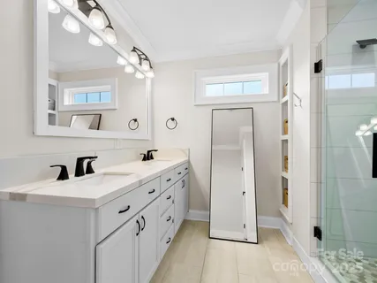 a bathroom with a double vanity sink mirror and shower