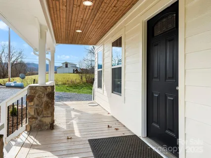 a porch with seating space