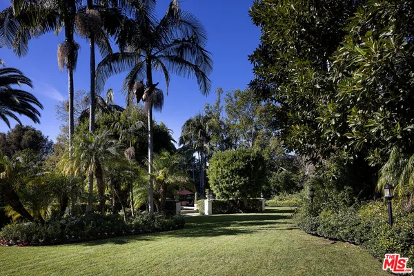 a view of swimming pool with seating area and trees in the background