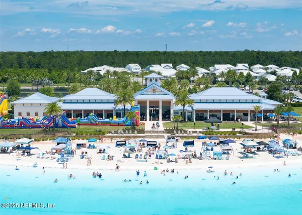 a front view of a building with an outdoor space