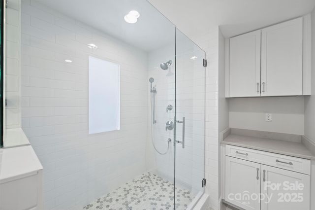 a bathroom with a shower and a sink