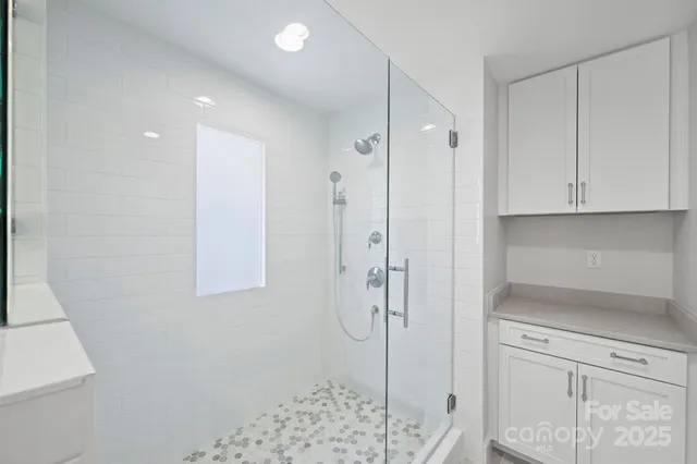 a bathroom with a shower and a sink