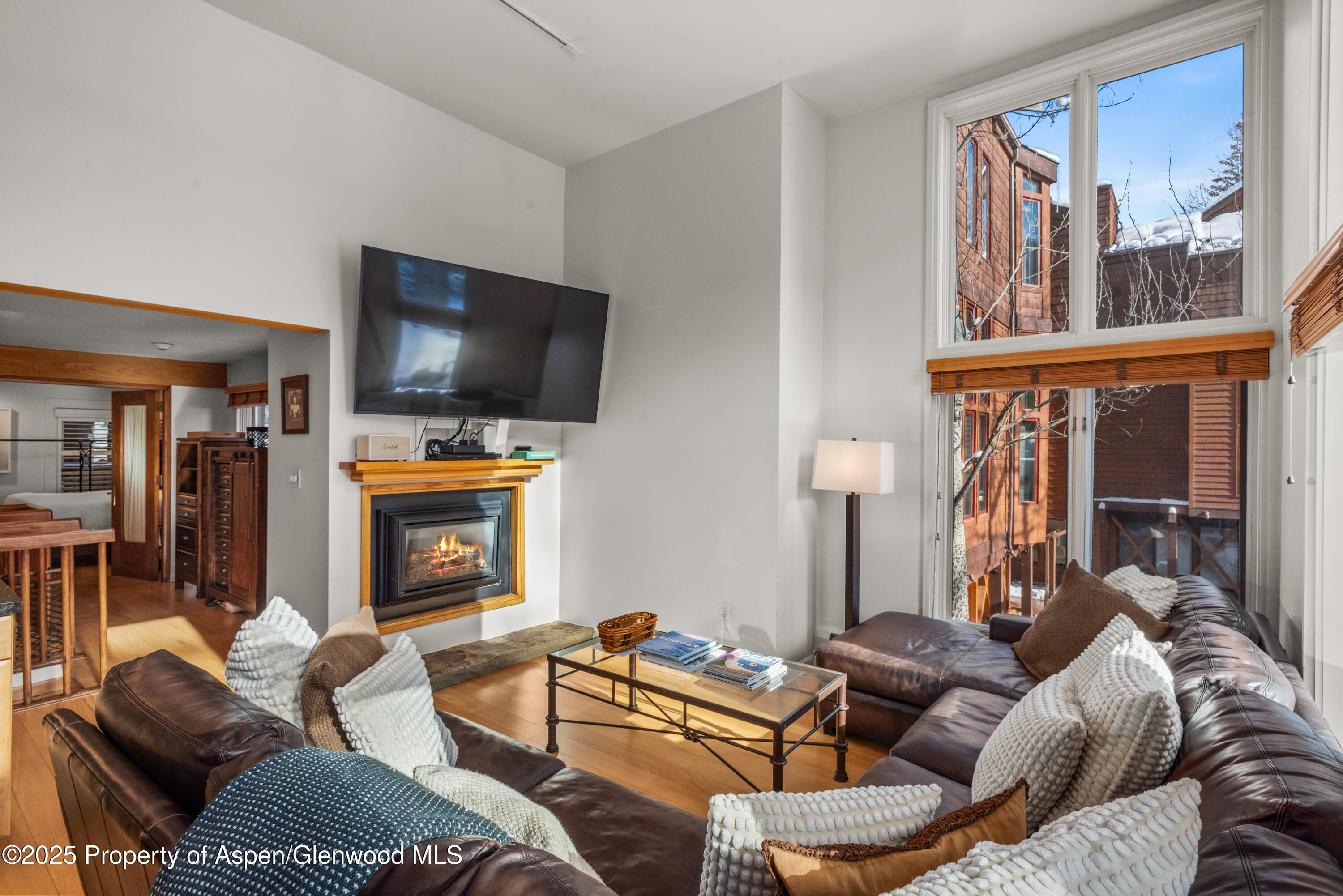 900 East Durant Avenue, Unit B105 Aspen, CO 81611 - Photo 2 of 18 a living room with furniture a flat screen tv and a fireplace
