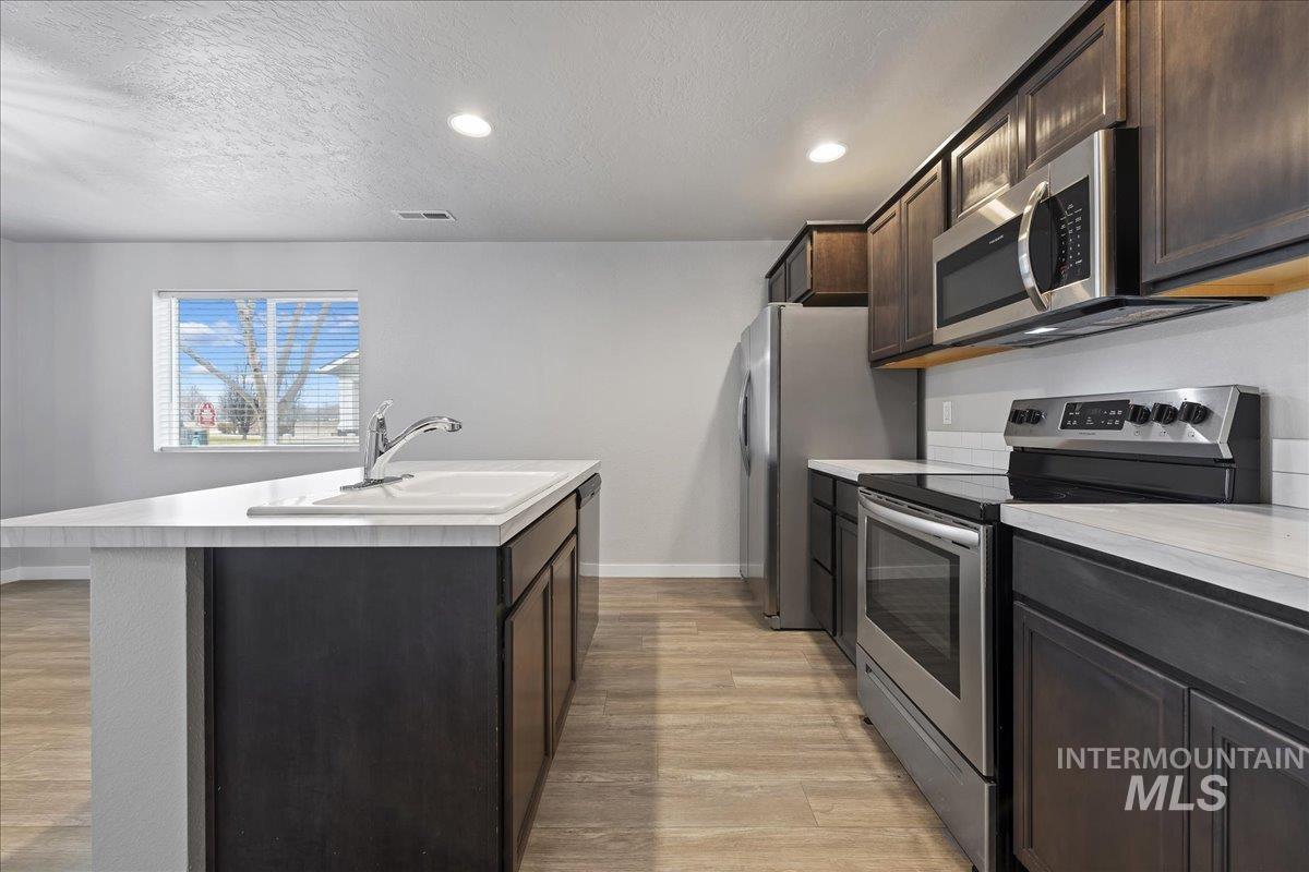 2500 East Blue Tick Street Meridian, ID 83642 - Photo 10 of 24 Kitchen with stainless steel appliances, dark wood finish cabinetry, light countertops, light wood-style flooring, and recessed lighting