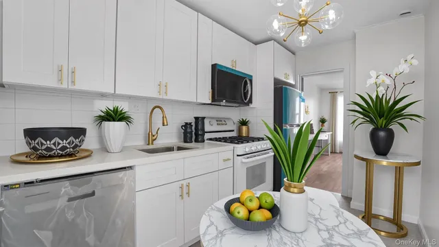 a kitchen with a potted plant on the counter and cabinets