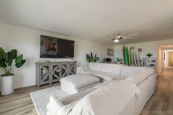 a living room with furniture a potted plant and a flat screen tv