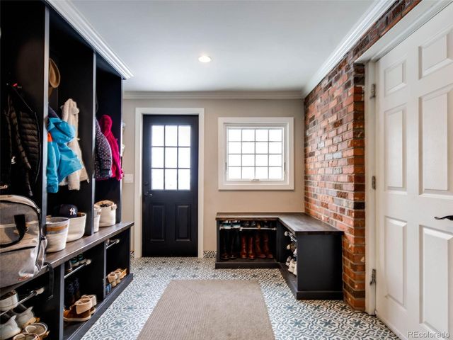 a view of a yard with plants and large trees